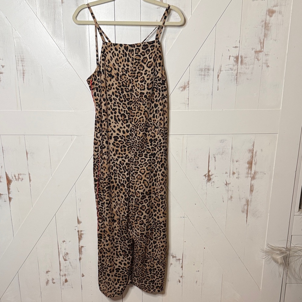 Topshop Leopard Print Satin Slip Jumpsuit - Beige/Black with Red Pinstripe